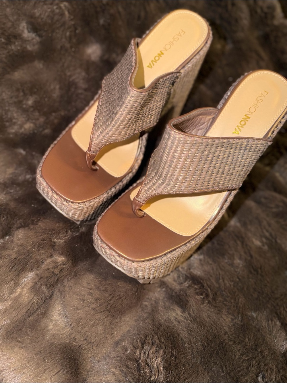 Fashion Nova Taupe Brown Woven Platform Thong Sandals